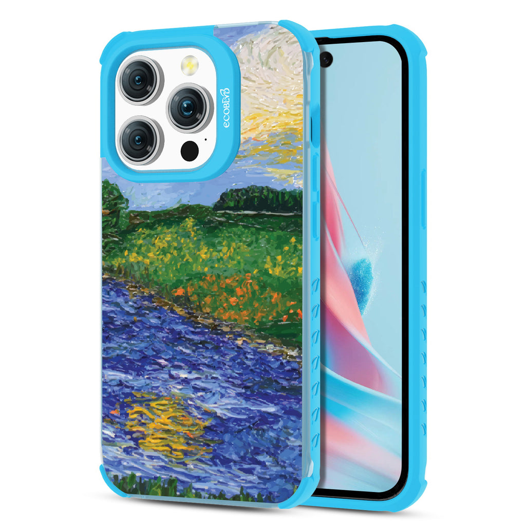 Front and back view of iPhone 15 Pro case, clear compostable phone case with blue ridges, Field of Vision design