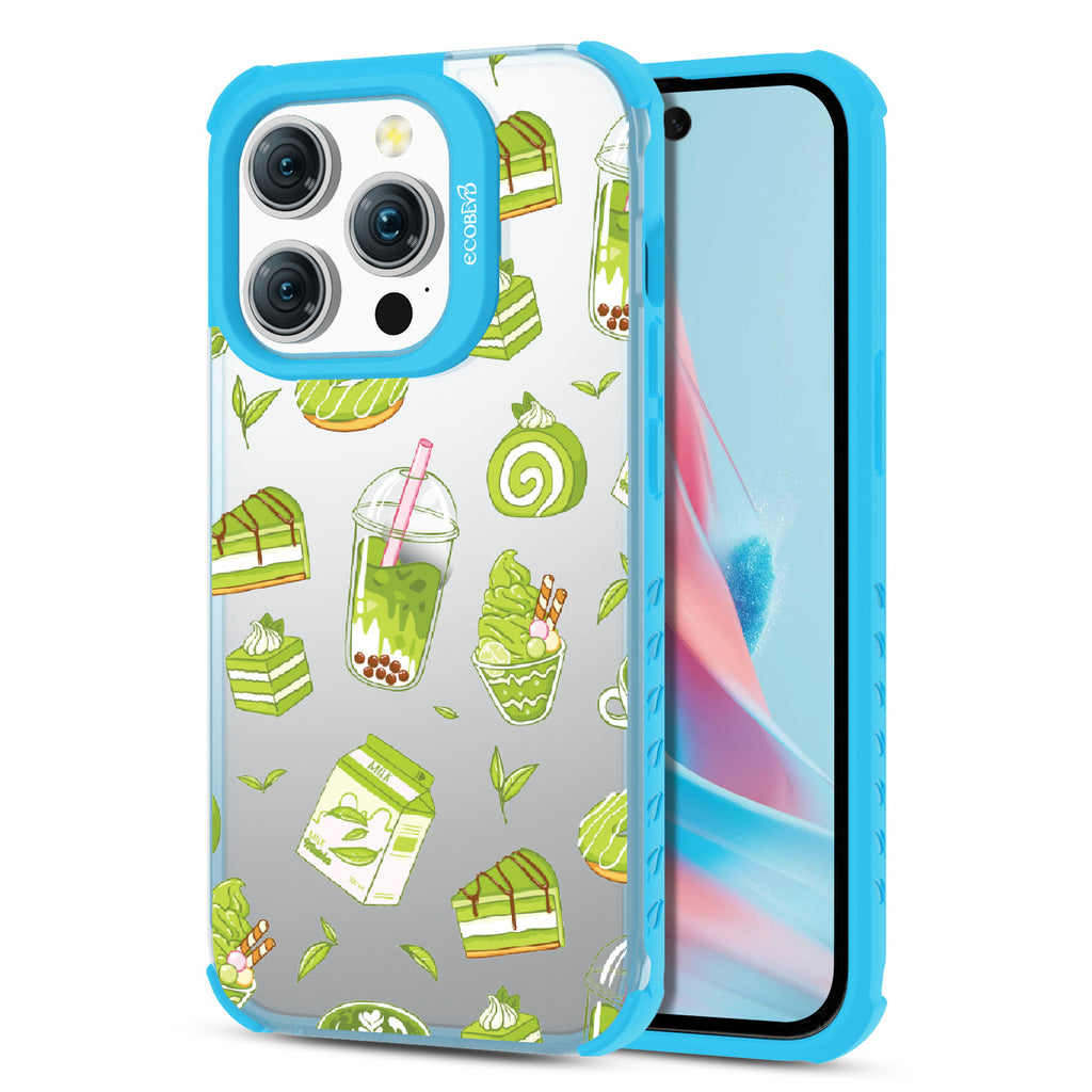 Front and back view of iPhone 15 Pro case, clear compostable phone case with blue ridges, So Matcha More design
