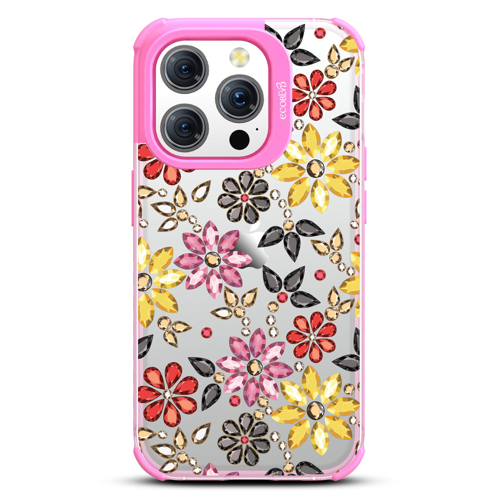 Bejeweled - Rhinestone Jewels In Floral Patterns - Eco-Friendly Clear iPhone 15 Pro Case With Pink Rim 