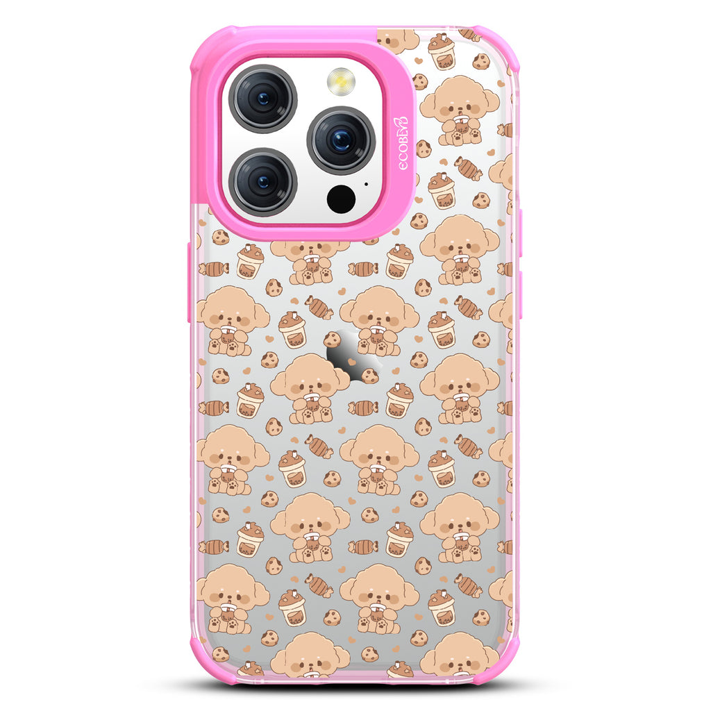 iPhone 15 Pro case, clear eco-friendly phone case with pink ridges, back view, Pupaccino design