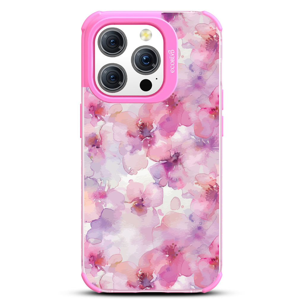 iPhone 15 Pro case, clear eco-friendly phone case with pink ridges, back view, Rosewater design
