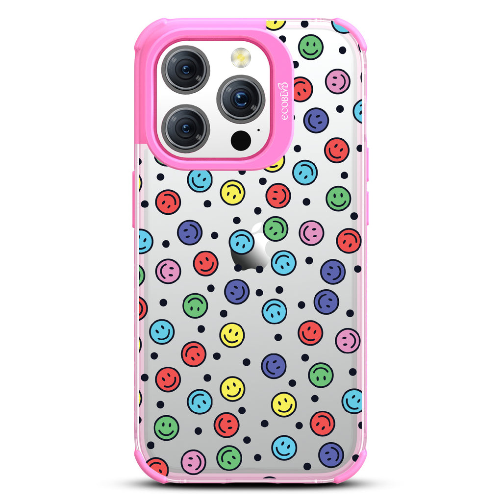  All Smiles - Multi Colored Smiley Faces & Black Dots - Eco-Friendly Clear iPhone 15 Pro Case With Pink Rim 