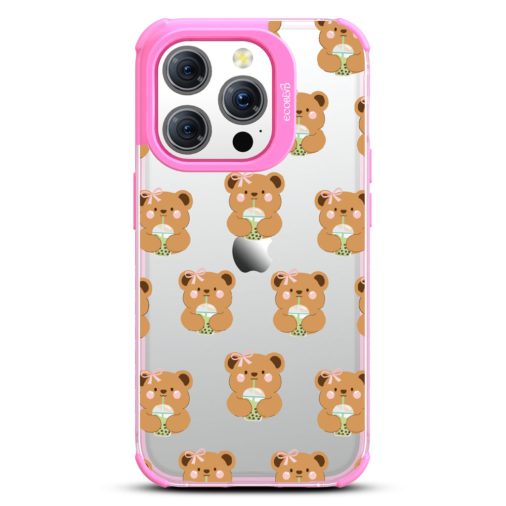 iPhone 15 Pro case, clear eco-friendly phone case with pink ridges, back view, Bear-ista Approved design