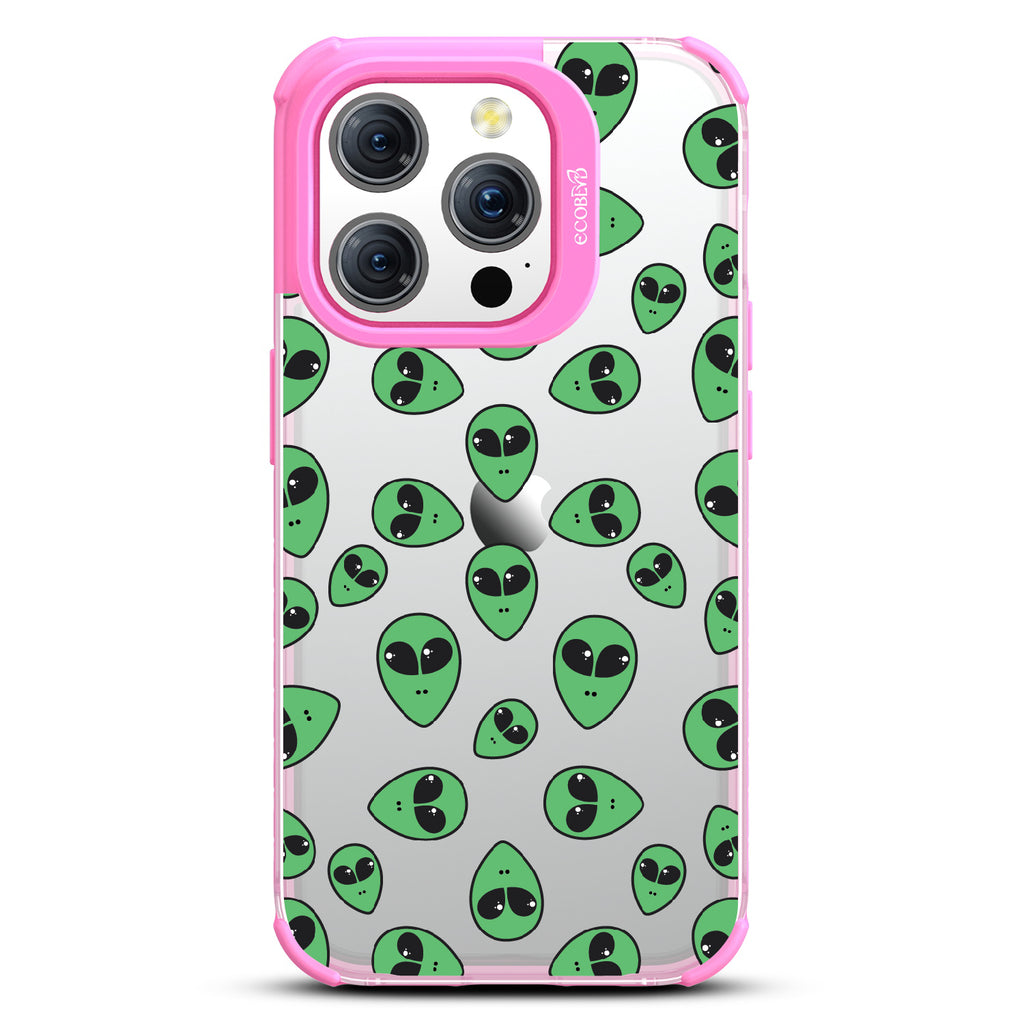 Aliens - Green Cartoon Alien Heads - Eco-Friendly Clear iPhone 15 Pro Case With Pink Rim