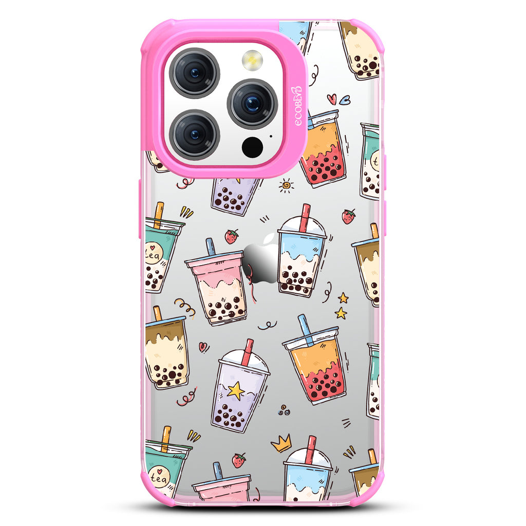 iPhone 15 Pro case, clear eco-friendly phone case with pink ridges, back view, Best-Teas design
