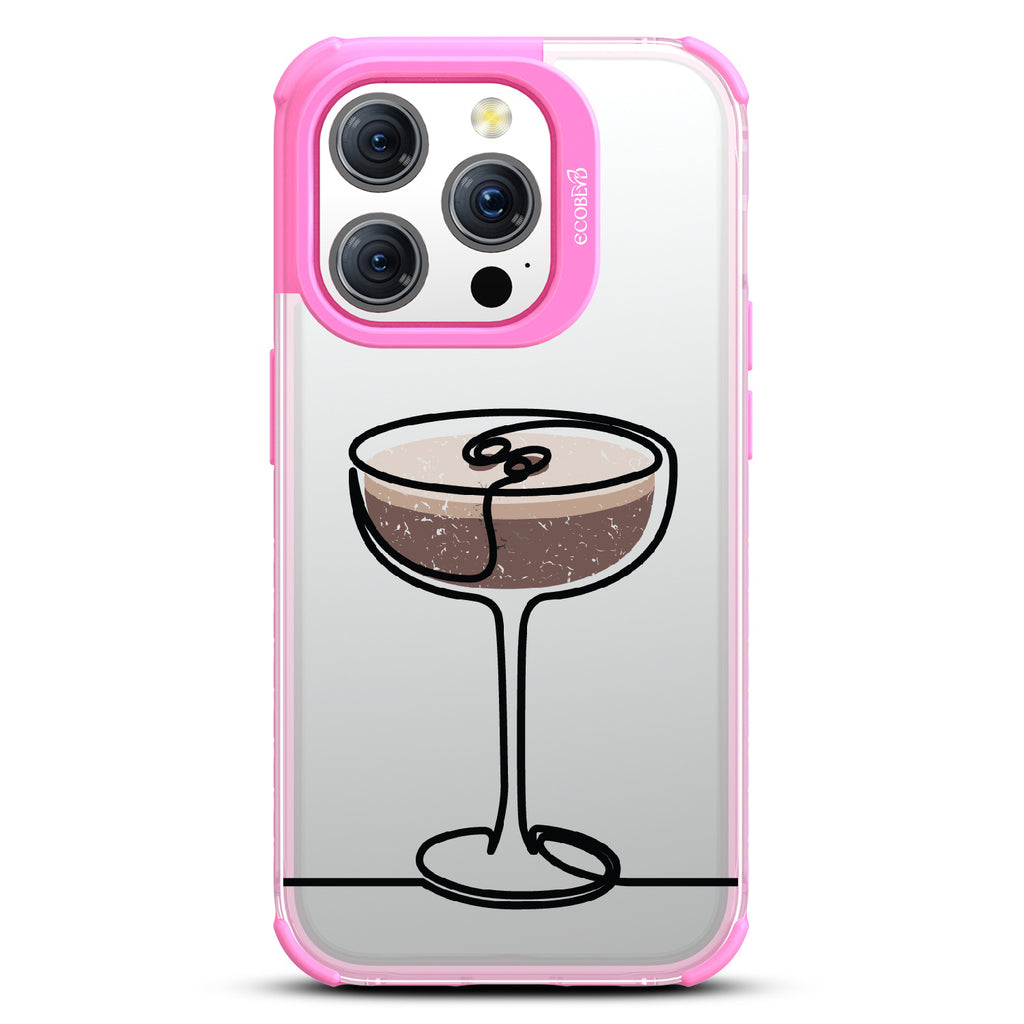 iPhone 15 Pro case, clear eco-friendly phone case with pink ridges, back view, Brewtini design