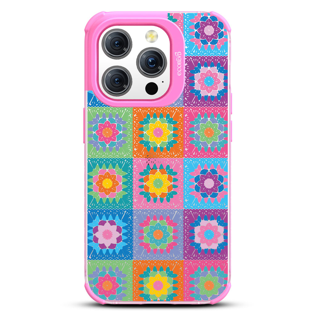 All Squared Away - Pastel Vintage Granny Squares Crochet - Eco-Friendly Clear iPhone 15 Pro Case With Pink Rim