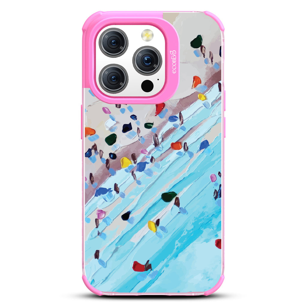 iPhone 15 Pro case, clear eco-friendly phone case with pink ridges, back view, Waves of Color design