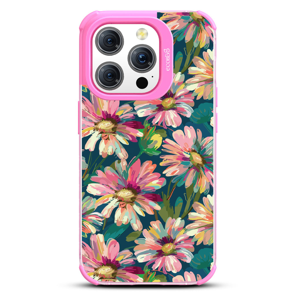 iPhone 15 Pro case, clear eco-friendly phone case with pink ridges, back view, Daisy Dusk design