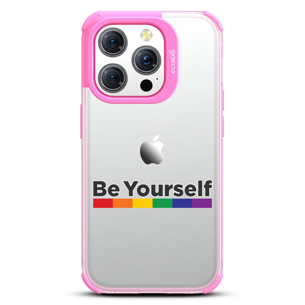 Be Yourself - Be Yourself + Rainbow Gradient Line - Eco-Friendly Clear iPhone 15 Pro Case With Pink Rim 