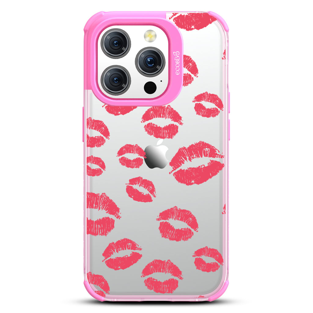 Bisou - Red Lipstick Kisses - Eco-Friendly Clear  iPhone 15 Pro Case With Pink Rim