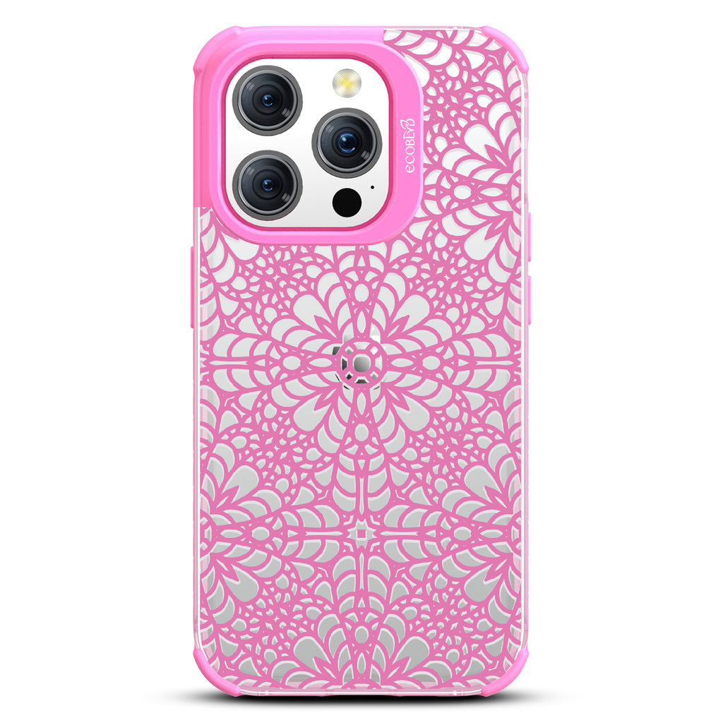 A Lil' Dainty - Intricate Lace Tapestry - Eco-Friendly Clear iPhone 15 Pro Case With Pink Rim