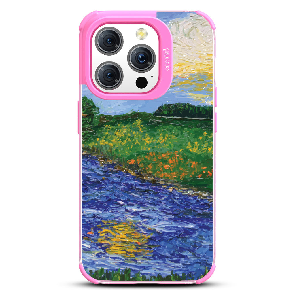 iPhone 15 Pro case, clear eco-friendly phone case with pink ridges, back view, Field of Vision design
