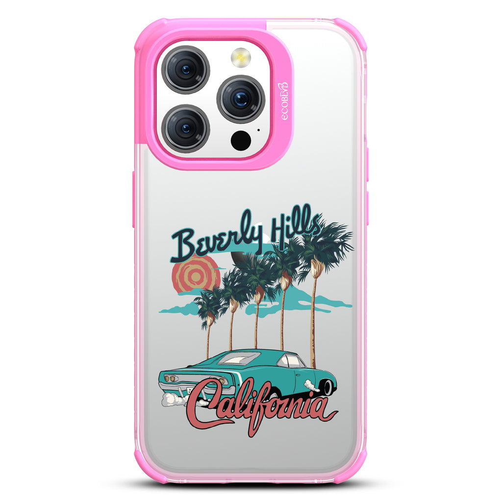 iPhone 14 Pro Max case, clear eco-friendly phone case with pink ridges, back view, 90210 design