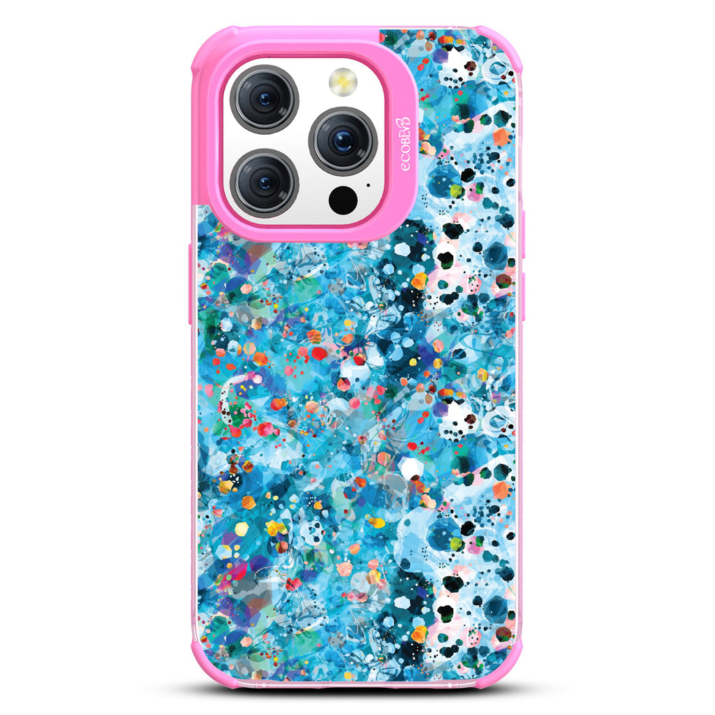 iPhone 15 Pro case, clear eco-friendly phone case with pink ridges, back view, Brushed By The Tide design