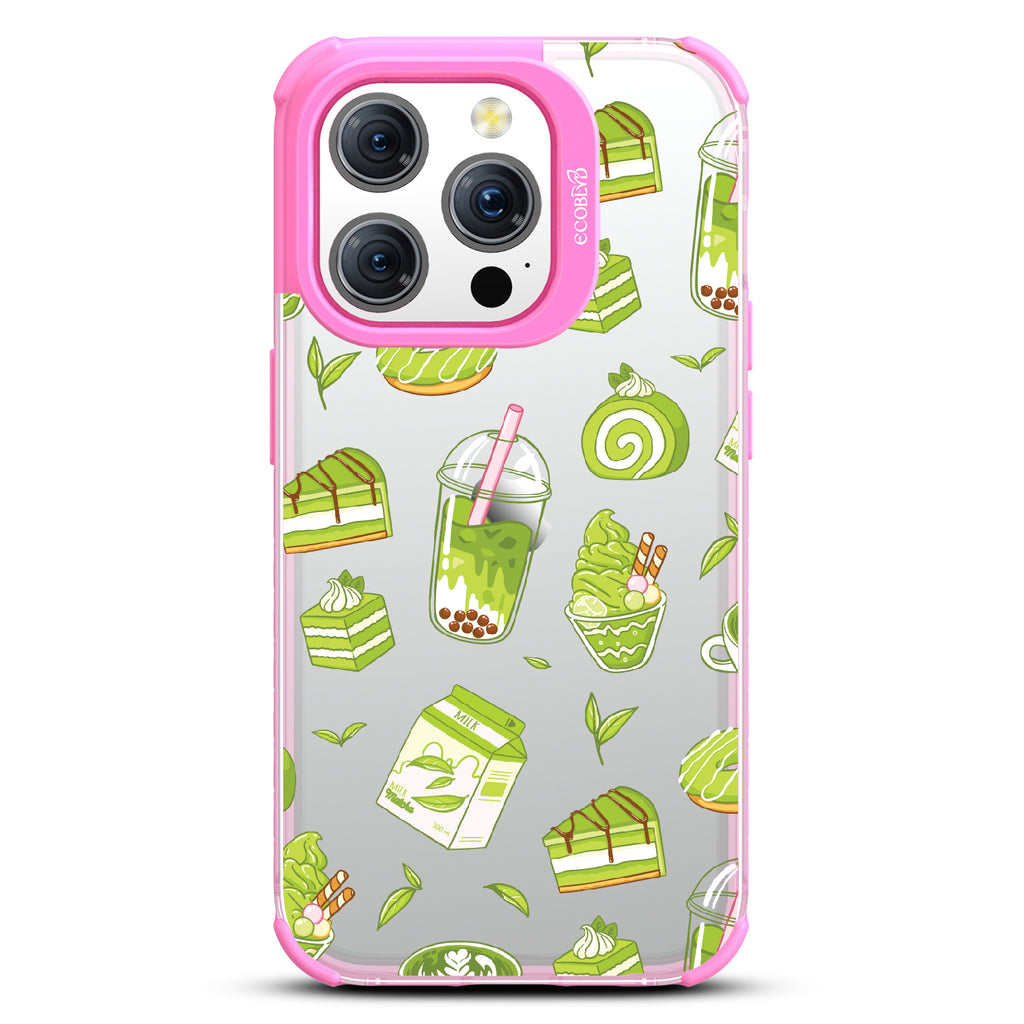 iPhone 15 Pro case, clear eco-friendly phone case with pink ridges, back view, So Matcha More design