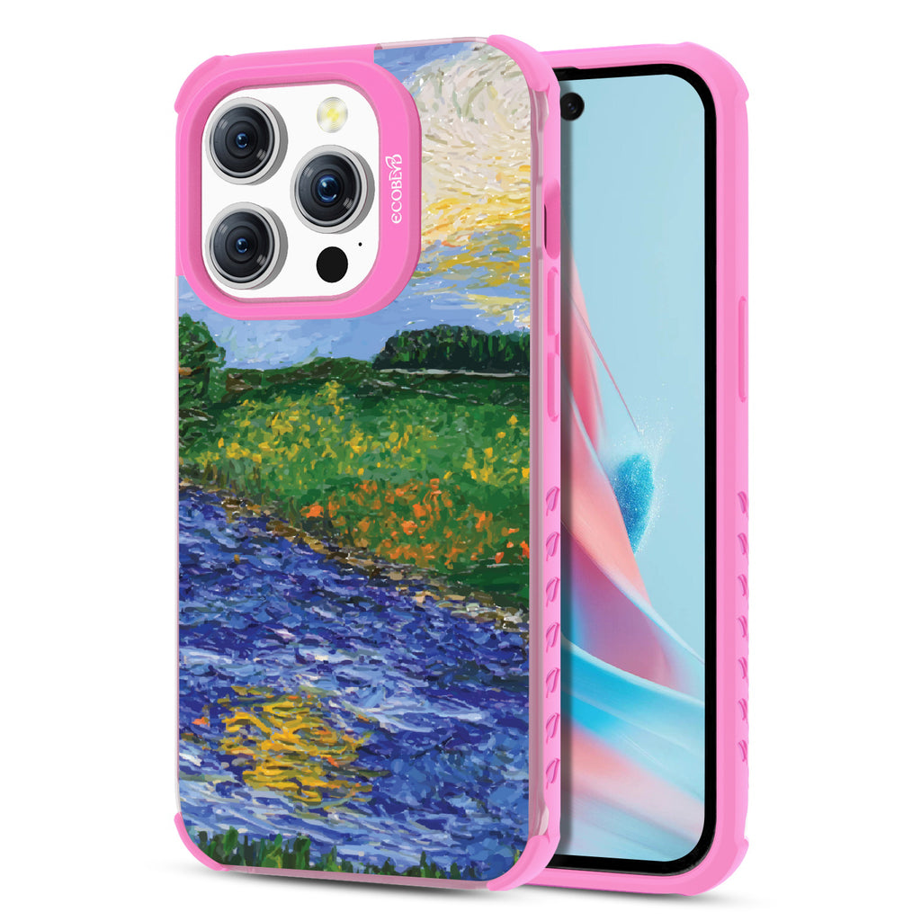 Front and back view of iPhone 15 Pro case, clear compostable phone case with pink ridges, Field of Vision design