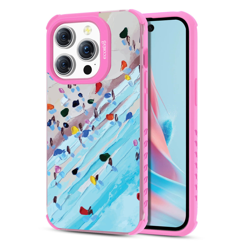 Front and back view of iPhone 15 Pro case, clear compostable phone case with pink ridges, Waves of Color design