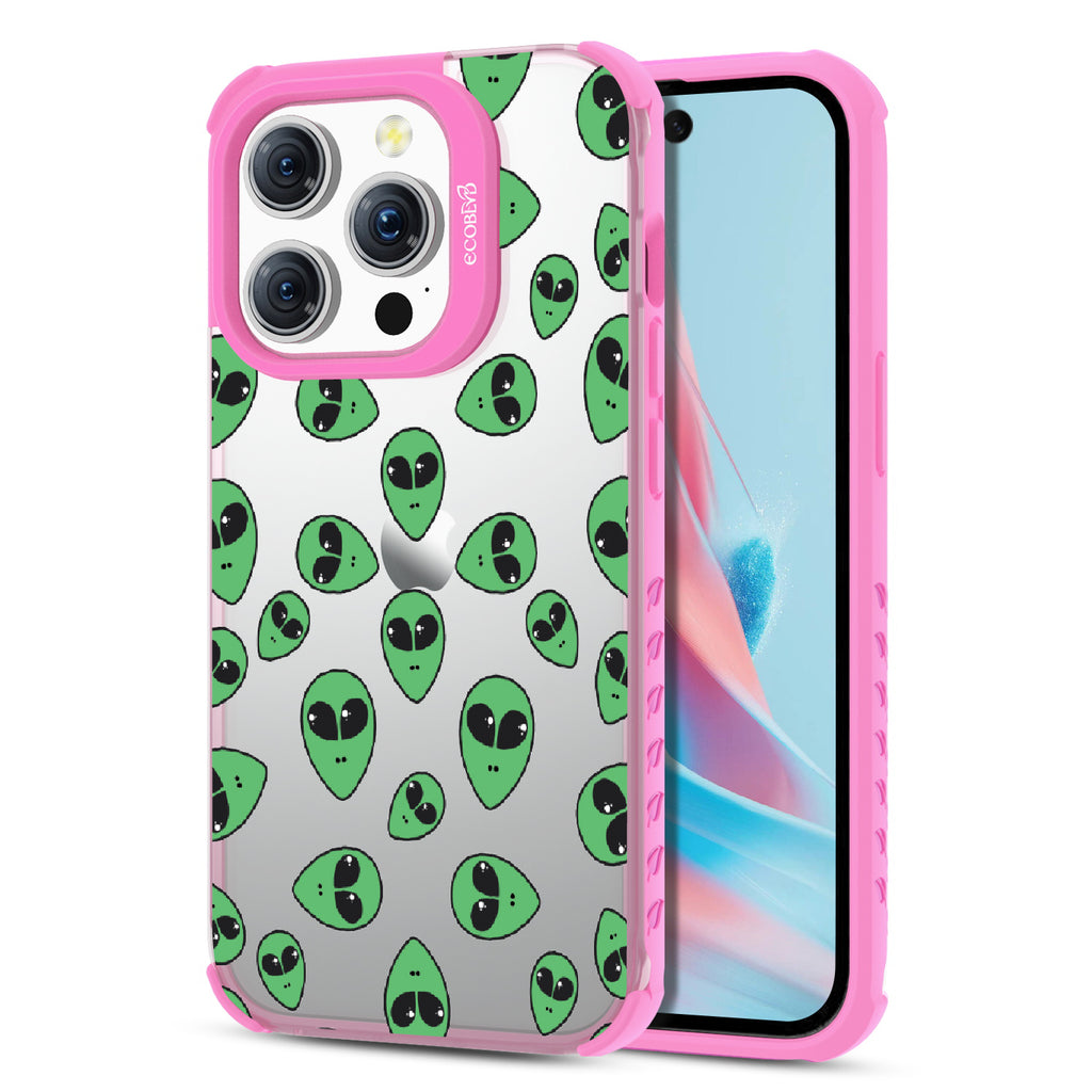 Aliens  - Back View Of Eco-Friendly iPhone 15 Pro Clear Case With Pink Rim & Front View Of Screen