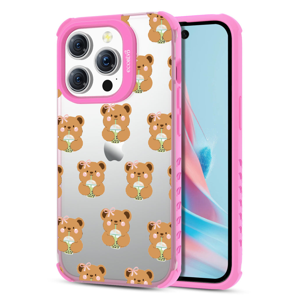 Front and back view of iPhone 15 Pro case, clear compostable phone case with pink ridges, Bear-ista Approved design