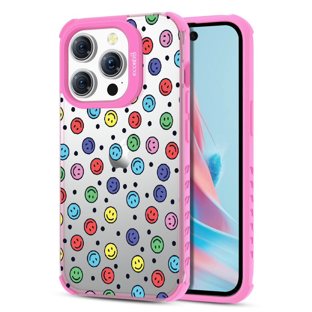 All Smiles  - Back View Of Eco-Friendly Black iPhone 15 Pro Case With Pink Rim & Front View Of Screen