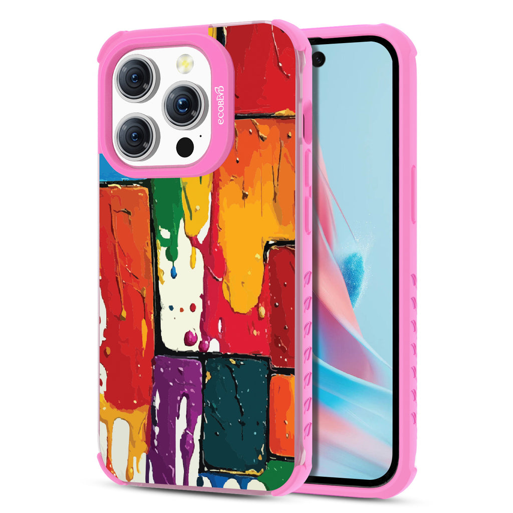 Front and back view of iPhone 15 Pro case, clear compostable phone case with pink ridges, Color Me Mine design