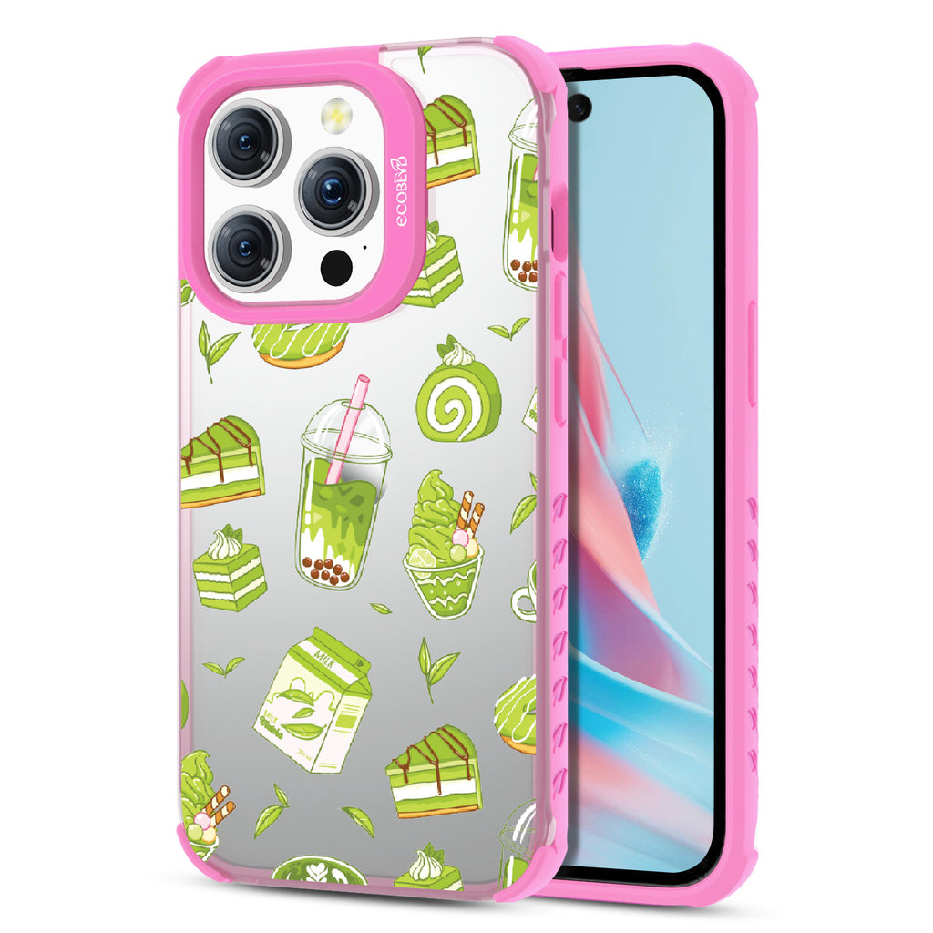 Front and back view of iPhone 15 Pro case, clear compostable phone case with pink ridges, So Matcha More design