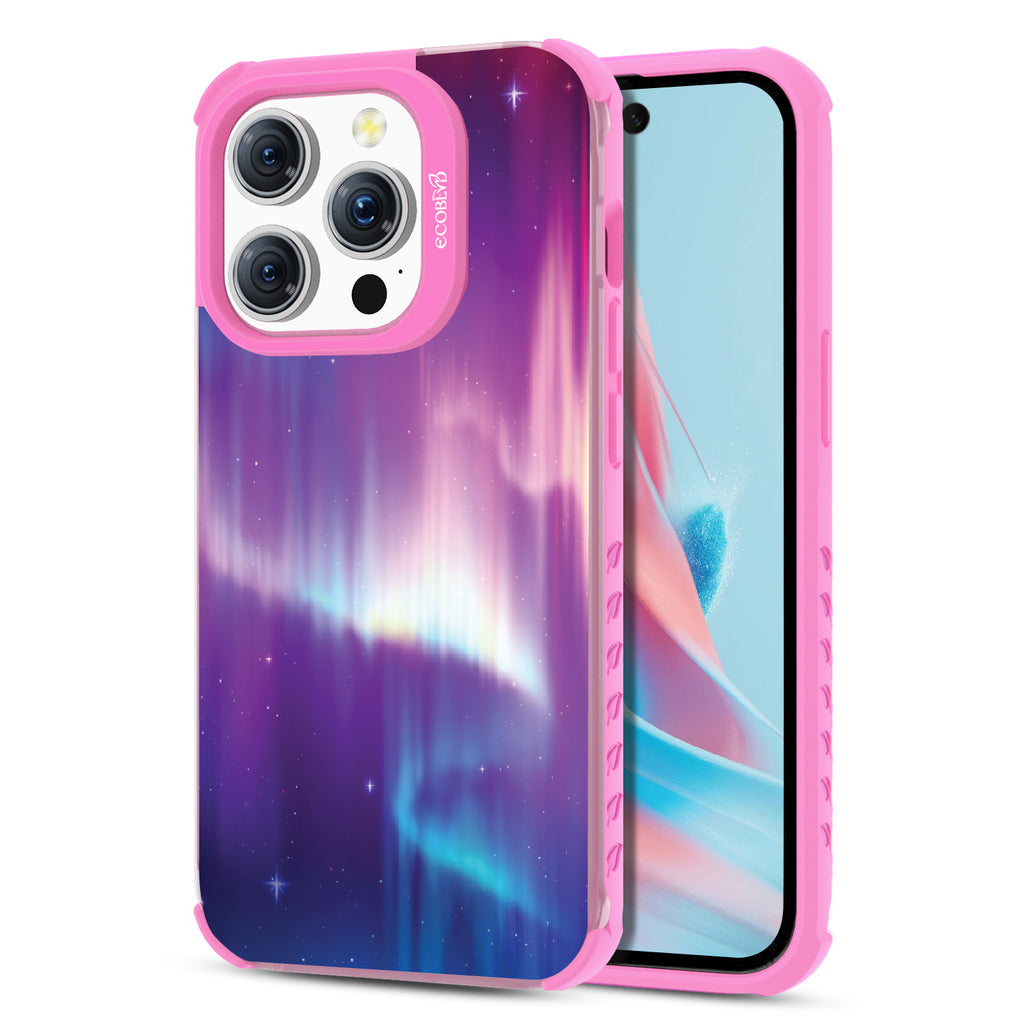  Aurora Borealis - Back View Of Eco-Friendly iPhone 15 Pro Clear Case With Pink Rim & Front View Of Screen
