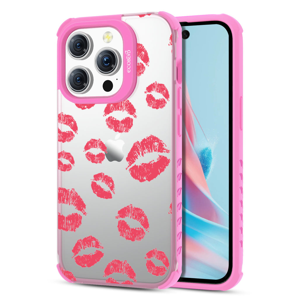 Bisou - Back View Of Eco-Friendly iPhone 15 Pro Clear Case With Pink Rim & Front View Of Screen