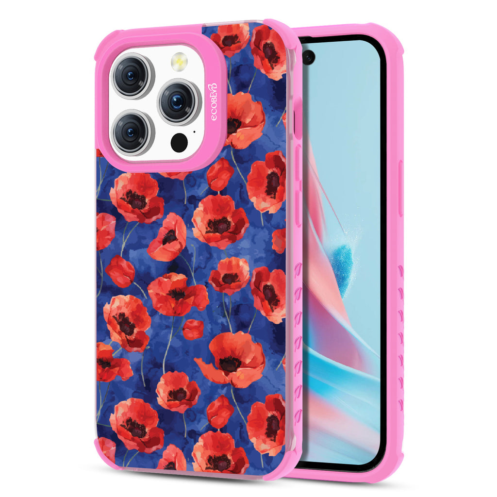 Front and back view of iPhone 15 Pro case, clear compostable phone case with pink ridges, Dream Bouquet design