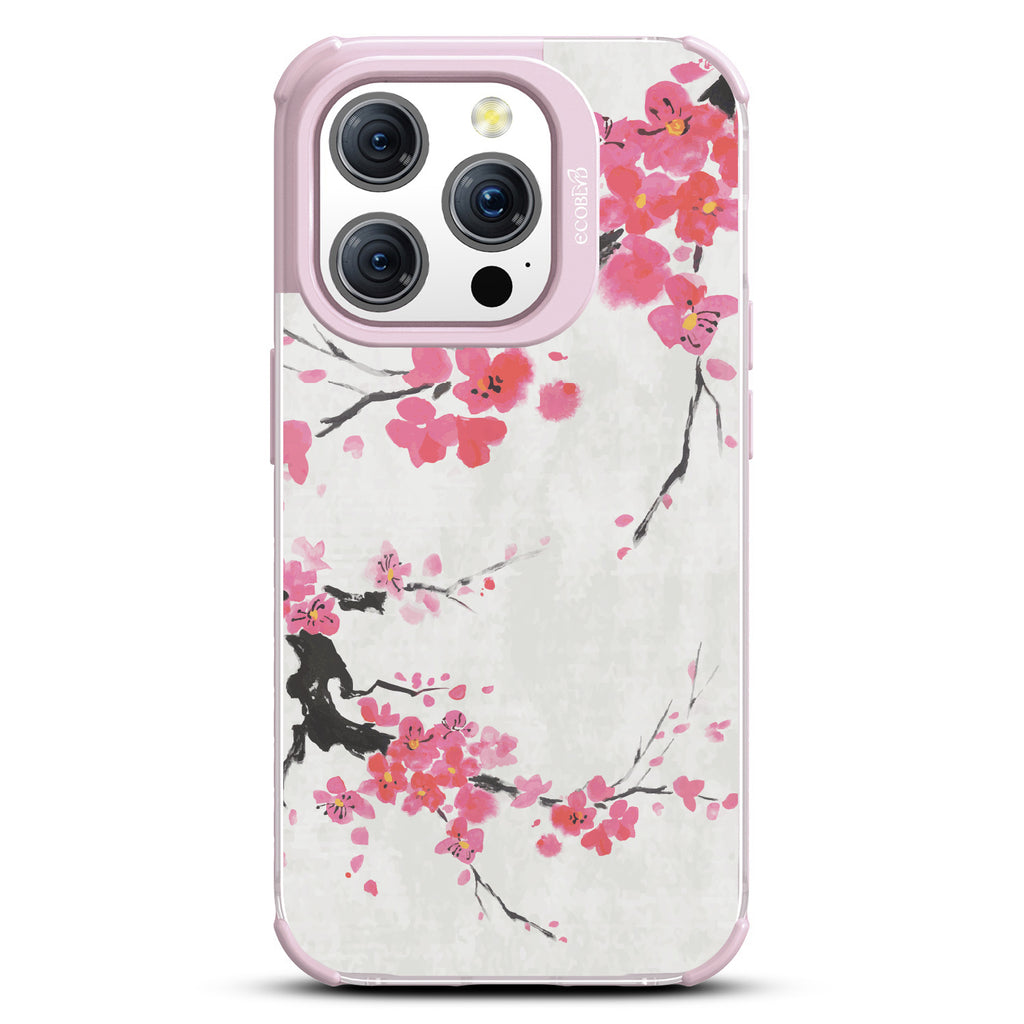 iPhone 15 Pro case, clear eco-friendly phone case with lilac ridges, back view, Sakura Season design