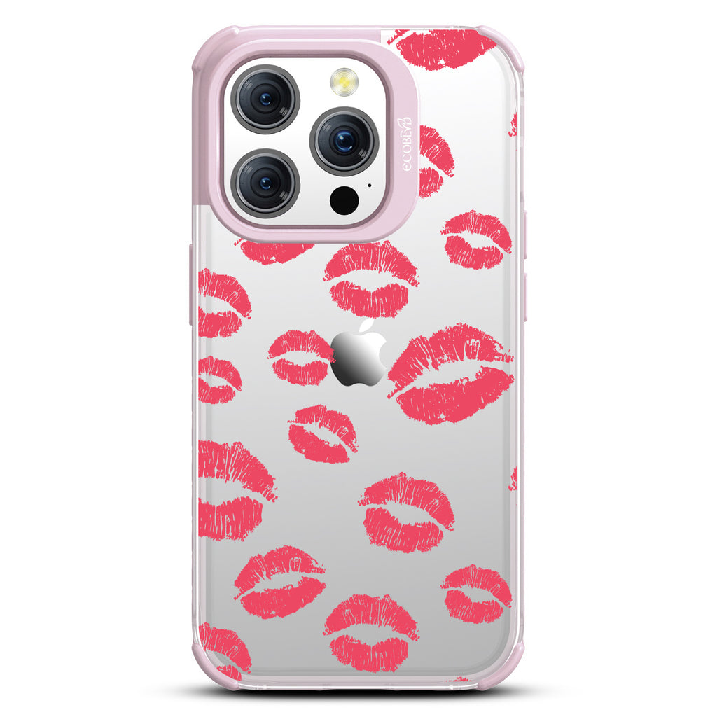 Bisou - Red Lipstick Kisses - Eco-Friendly Clear  iPhone 15 Pro Case With Pastel Lilac Rim