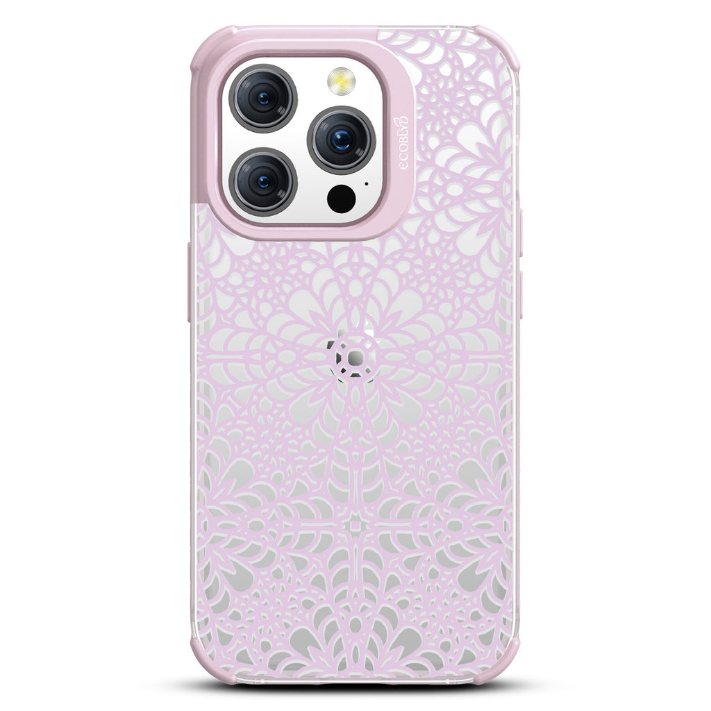 A Lil' Dainty - Intricate Lace Tapestry - Eco-Friendly Clear iPhone 15 Pro Case With Pastel Lilac Rim 