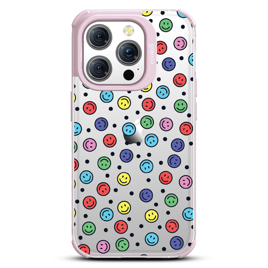 All Smiles - Multi Colored Smiley Faces & Black Dots - Eco-Friendly Clear iPhone 15 Pro Case With Paastel Lilac Rim 