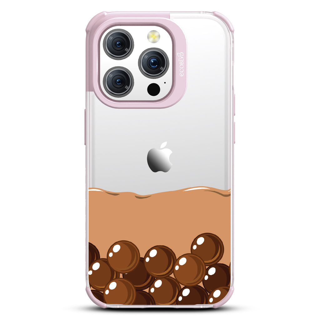 iPhone 15 Pro case, clear eco-friendly phone case with lilac ridges, back view, Brown Sugar Boba design
