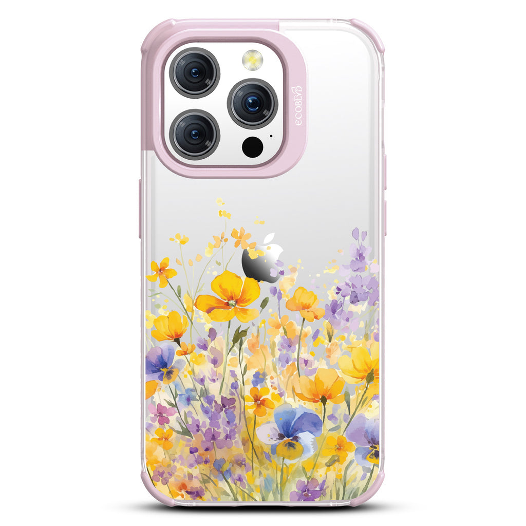 iPhone 15 Pro case, clear eco-friendly phone case with lilac ridges, back view, Meadowlight design
