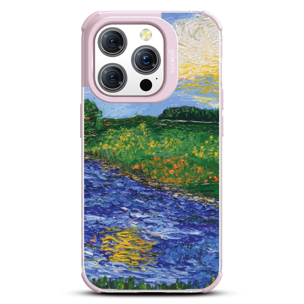 iPhone 15 Pro case, clear eco-friendly phone case with lilac ridges, back view, Field of Vision design