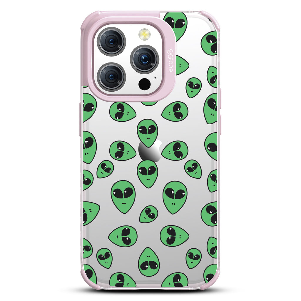 Aliens - Green Cartoon Alien Heads - Eco-Friendly Clear iPhone 15 Pro Case With Pastel Lilac Rim