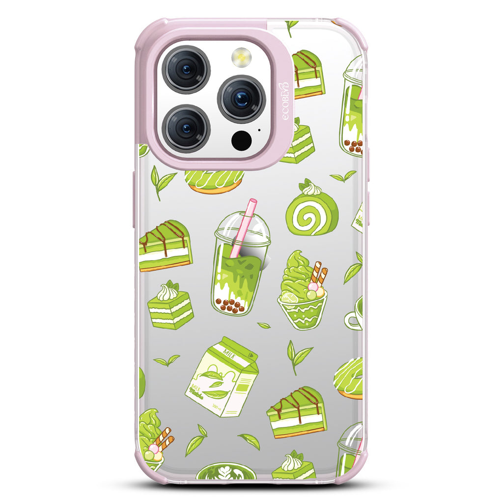 iPhone 15 Pro case, clear eco-friendly phone case with lilac ridges, back view, So Matcha More design
