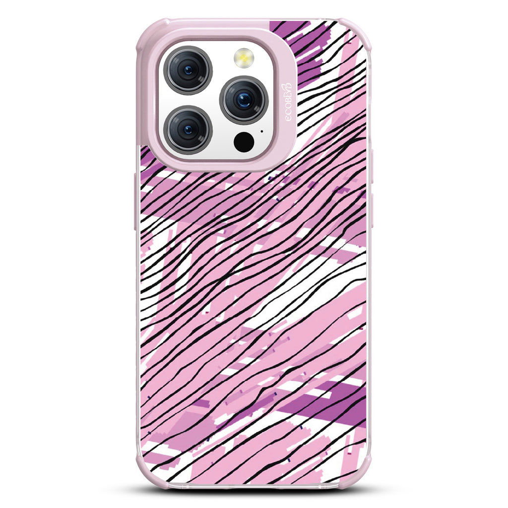 Abstract Rhythms - Abstract Art Of Pink + Purple Paint, Black Stripes - Eco-Friendly Clear iPhone 15 Pro Case With Pastel Lilac Rim