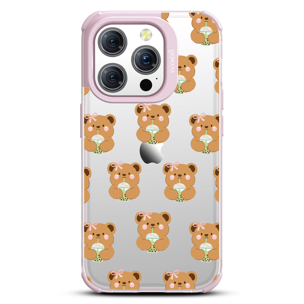 iPhone 15 Pro case, clear eco-friendly phone case with lilac ridges, back view, Bear-ista Approved design