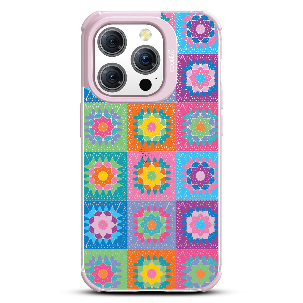 All Squared Away - Pastel Vintage Granny Squares Crochet - Eco-Friendly Clear iPhone 15 Pro Case With Pastel Lilac Rim 