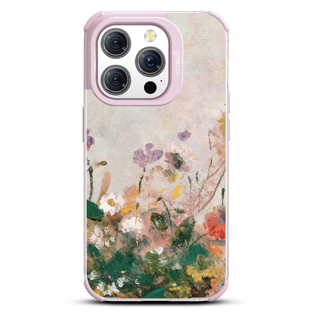 Phone 15 Pro case, clear eco-friendly phone case with lilac ridges, back view, Wild Grace design