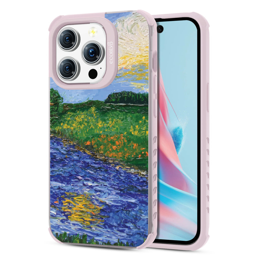 Front and back view of iPhone 15 Pro case, clear compostable phone case with lilac ridges, Field of Vision design