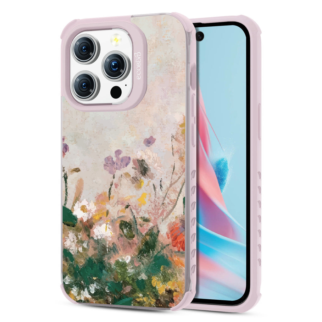 Front and back view of iPhone 15 Pro case, clear compostable phone case with lilac ridges, Wild Grace design