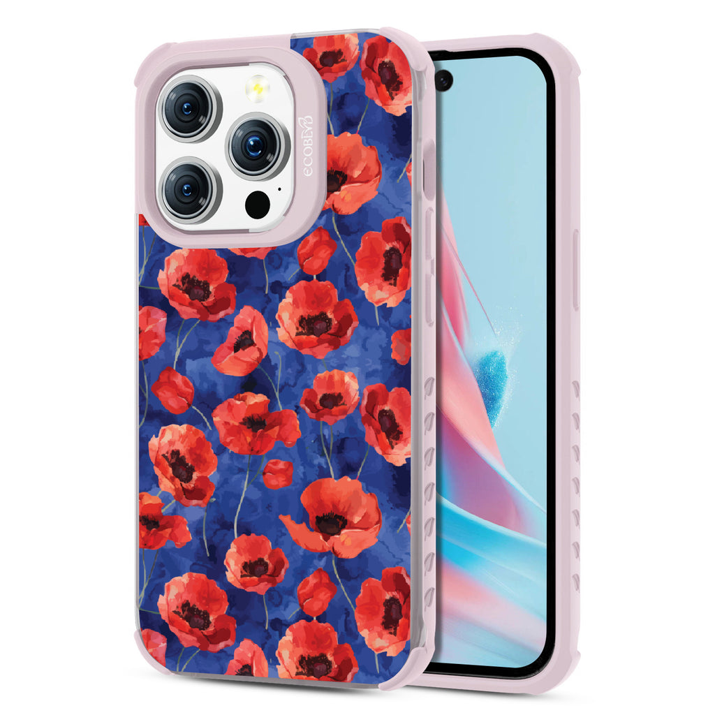 Front and back view of iPhone 15 Pro case, clear compostable phone case with lilac ridges, Dream Bouquet design