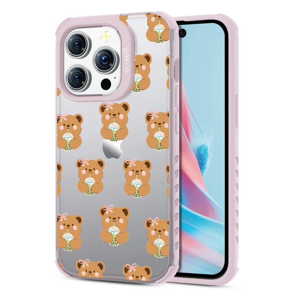 Front and back view of iPhone 15 Pro case, clear compostable phone case with lilac ridges, Bear-ista Approved design
