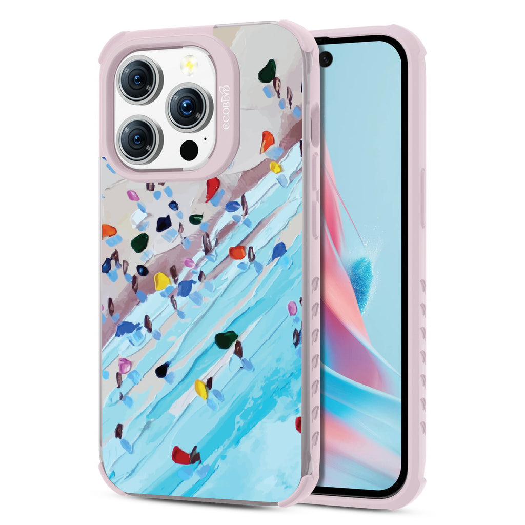 Front and back view of iPhone 15 Pro case, clear compostable phone case with lilac ridges, Waves of Color design