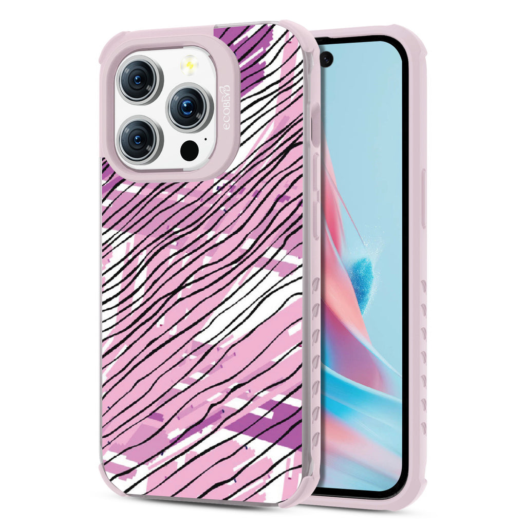 Abstract Rhythms  - Back View Of Eco-Friendly  iPhone 15 Pro Clear Case With Pastel Lilac Rim & Front View Of Screen