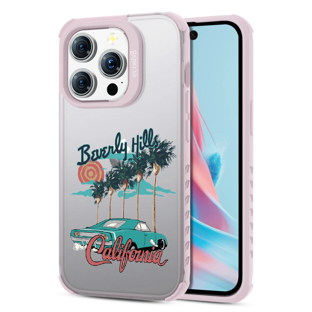 Front and back view of iPhone 15 Pro case, clear compostable phone case with lilac ridges,90210 design